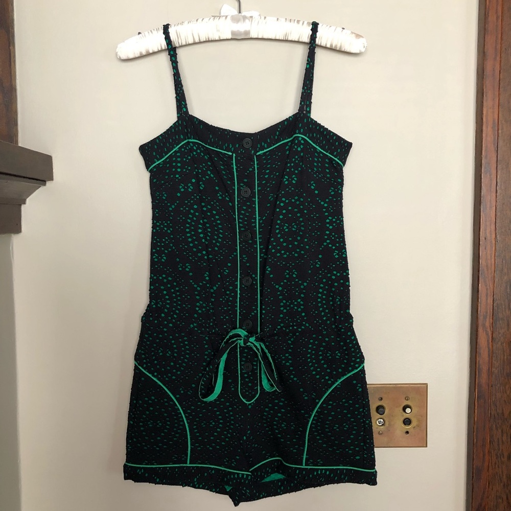 Anna Sui Eyelet Knit Romper in Black/Kelly 0